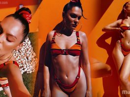 Jessie J shows her toned figure in a Red & Orange Striped Bikini